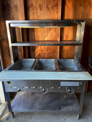 AMAZING!! Duke 303 44 3/8" Hot Food Table w/ (3) Wells & Cutting Board, Natural Gas W/ Double Overshelf and Infrared Food Warmer (120v) - 443⁄8 in. W x 297⁄16 in. D x 70 in. H