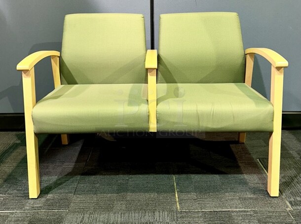Reception or guest seating set with chair and double chair with armrests. In great condition- light wooden framing with a light green fabric upholstery. Perfect for any space. Chair measures 34” H x 25” W x 24.5” D. Double chair measures 34” H x 48” W x 26.5” D.  - Image 2 of 2