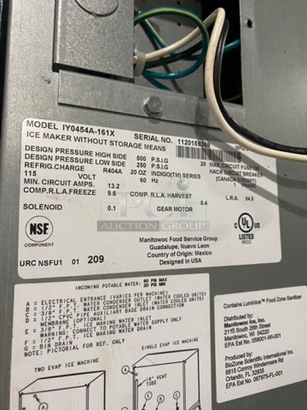Manitowoc Commercial Ice Making Machine! On Commercial Ice Bin! All Stainless Steel! Model IY0454A161X Serial 1120159369! 115V 1Phase! On Legs! - Image 5 of 10