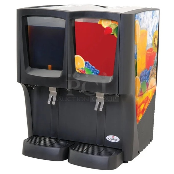 BRAND NEW SCRATCH AND DENT! 2021 Crathco C-2D-16 Metal Commercial Countertop 2 Hopper Refrigerated Beverage Machine. Stock Picture Used as Gallery. 115 Volts, 1 Phase.  - Image 1 of 6
