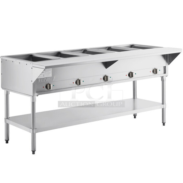 BRAND NEW SCRATCH AND DENT! 2023 ServIt 423EST5WO Stainless Steel Commercial Electric Powered 5 Bay Steam Table. 208/240 Volts, 1 Phase.
