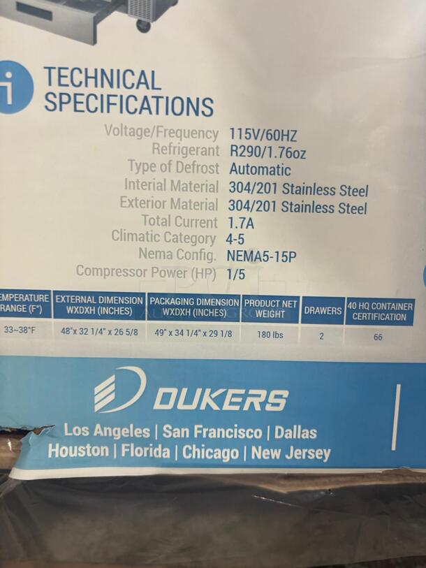 In the box Brand New Dukers DCB48 48"W 2 Drawer Refrigerated Chef Base - Image 2 of 2