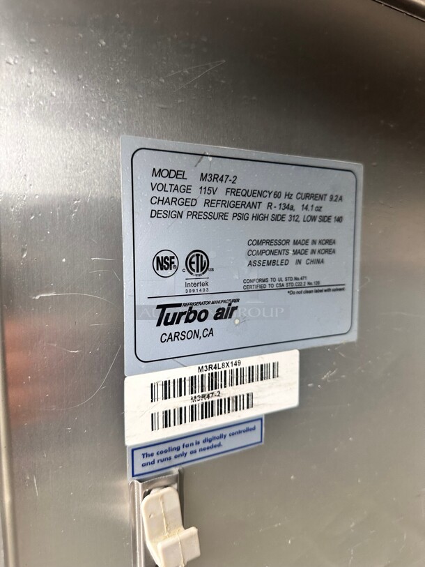Late Model Turbo Air M3R47-2 M3 Series 52 inch Solid Door Stainless Steel Reach-In Refrigerator 115 Volt Working - Image 9 of 9