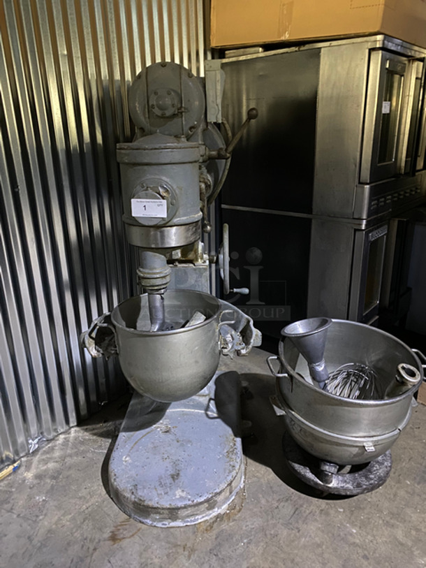 Hobart Commercial Heavy-Duty 60Qt Mixer! With Paddle, Whisk, And Hook Attachments! With Stainless Steel Mixing Bowls! Working When Removed!