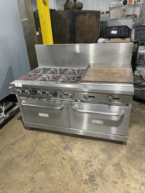 Patriot Commercial Natural Gas Powered 6 Burner Stove With Flat Griddle! Flat Griddle Has Side Splashes! With Raised Back Splash! With 2 Oven Underneath! Metal Oven Racks! All Stainless Steel! On Casters! WORKING WHEN REMOVED!