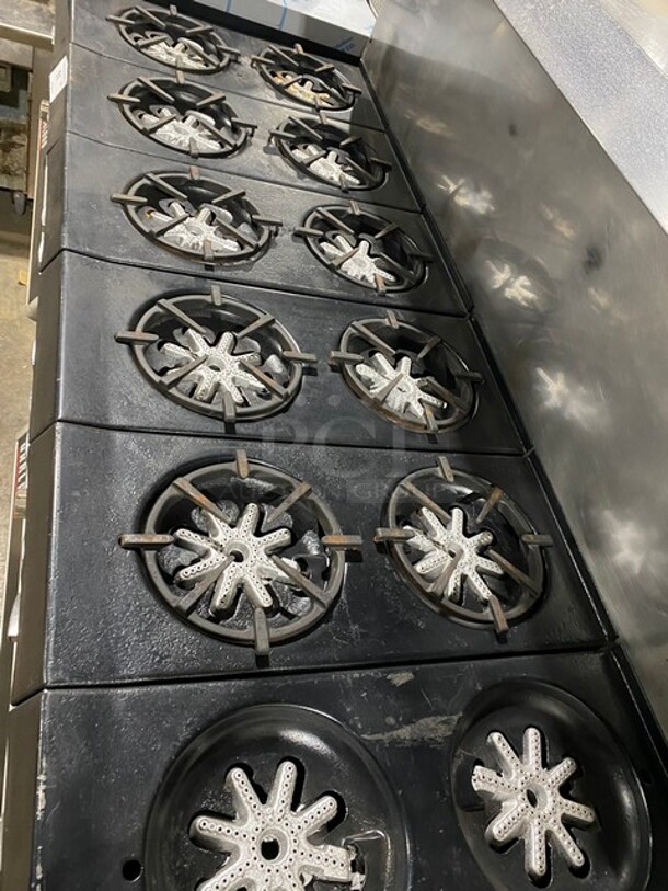 AMAZING FIND! Garland Natural Gas Powered 12 Burner Stove! With 2 Full-Sized Ovens! With Metal Oven Racks! With Raised Back Splash & Salamander Shelf! Stainless Steel! On Casters! - Image 4 of 9