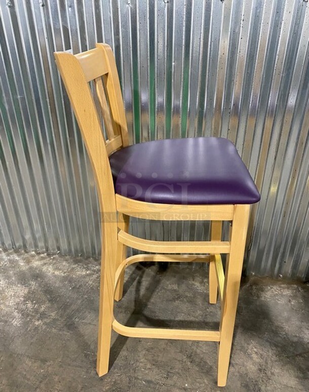 WOW! NEW! Bistro Solid Natural Hardwood Restaurant Bar chair! With Purple Vinyl Seat! 3x Your Bid! MODEL JW204 - Image 4 of 8
