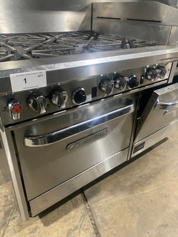 Southbend Commercial LP Powered 6 Burner Stove With Right Side Flat Griddle! Griddle Has Side Splashes! With Raised Back Splash And Salamander Shelf! With 2 Oven Underneath! Metal Oven Racks! All Stainless Steel! On Casters! - Image 5 of 11