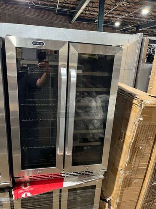 NEW! OUT OF THE BOX! SCRATCH-N-DENT! Whynter French Door Dual Zone Wine And Beer Can Cooler! With Through Doors! Wooden Wine Racks And Metal Racks! Model: BWB2060FDS - Image 1 of 5
