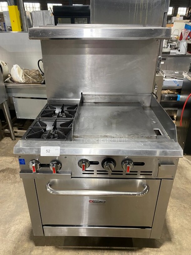 Cookline Stainless Steel Commercial Natural Gas Powered 2 Burner Range w/ Right Side Flat Top Griddle! With Oven And Back Splash! On Commercial Casters!
