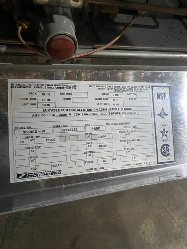 MUST HAVE! Southbend Commercial Gas Powered 10 Burner Stove! With 2 Full Size Ovens (One Convection Oven/One Regular Oven)! With Metal Oven Racks! With Backsplash And Over Head Salamander Shelf! Solid Stainless Steel! On Casters! Model: S560AD-W SN: 07F46762 120V 60HZ 1 Phase - Image 10 of 10