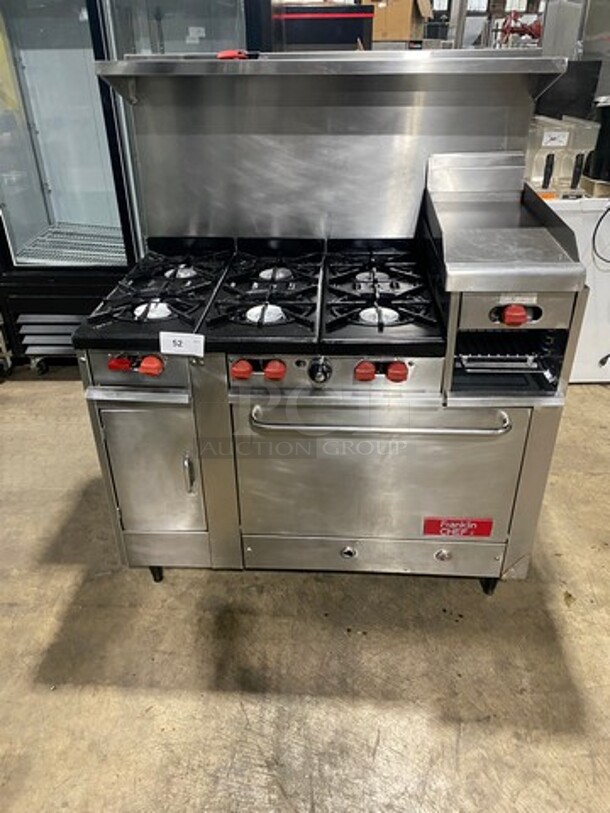 FAB! Franklin Commercial Natural Gas Powered 6 Burner Stove With Right Side Flat Griddle And Cheese Melter Combo! Griddle Has Side Splashes! With Raised Back Splash And Salamander Shelf! With Single Small Door Storage Space! With Oven Underneath! Metal Oven Racks! All Stainless Steel! On Legs!