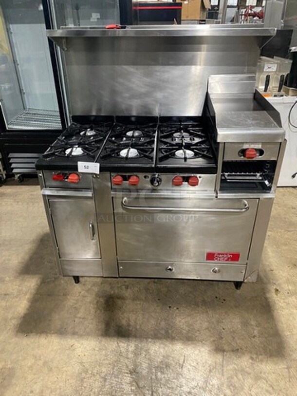FAB! Franklin Commercial Natural Gas Powered 6 Burner Stove With Right Side Flat Griddle And Cheese Melter Combo! Griddle Has Side Splashes! With Raised Back Splash And Salamander Shelf! With Single Small Door Storage Space! With Oven Underneath! Metal Oven Racks! All Stainless Steel! On Legs! - Image 1 of 12