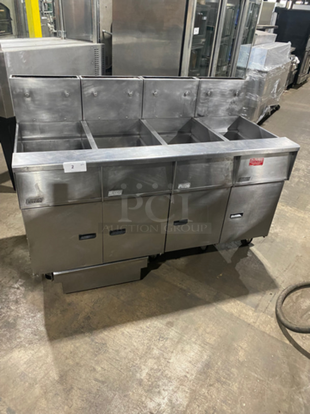 FAB! Pitco Frialator Commercial Natural Gas Powered 4 Bay Deep Fat Fryer! With Oil Filter System! All Stainless Steel! On Casters! Model: SGH50 SN: G08FD020716