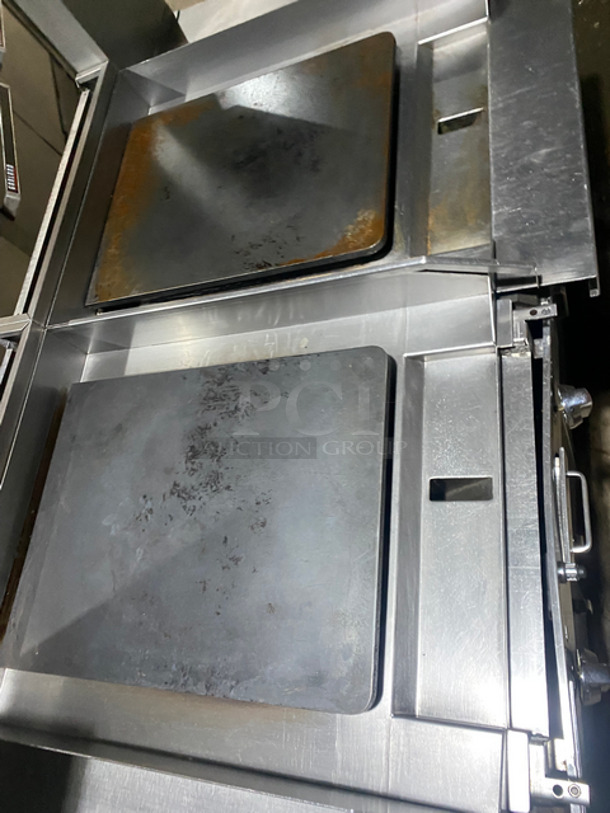 AMAZING! Southbend Commercial Heavy Duty Natural Gas Powered Double Plancha Workstation! With Dual Sided Work Ends! With Dual Sided Back Splash And Salamander Shelves! With Storage Space Underneath! All Stainless Steel! On Casters! Model: PC24CPP SN: 16K51296 - Image 5 of 12
