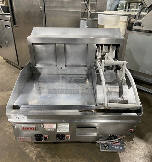 WOW! Lang Commercial Countertop Natural Gas Powered Flat Top Griddle With Clamshell Flat Hood Press! With Thermostatic Controls! Built In Hood! With Back And Side Splashes! All Stainless Steel! Model: 236SCHENSH