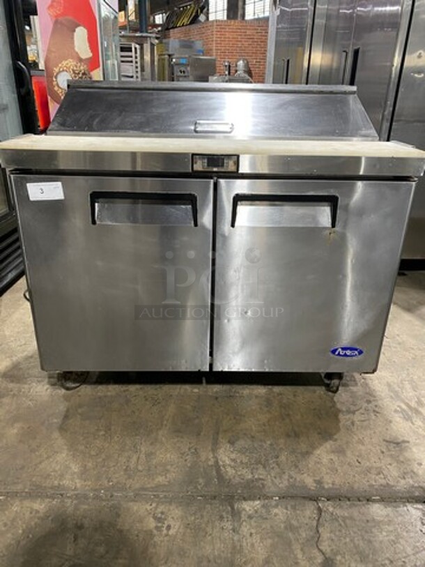 LATE MODEL! 2018 Atosa Commercial Refrigerated Mega Top Sandwich Prep Table! With Commercial Cutting Board! With 2 Door Storage Space Underneath! Poly Coated Racks! All Stainless Steel! On Casters! Model: MSF8302GR SN: MSF8302GRAUS100318090400C40024 115V 60HZ 1 Phase