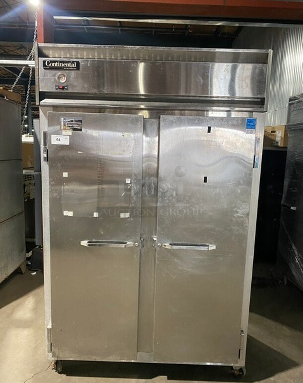 Continental Commercial 2 Door Reach In Freezer! Solid Stainless Steel! On Casters! Working When Removed! MODEL 2R SN:15499645 115V 1PH