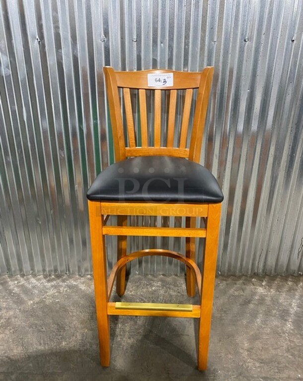 NICE!  NEW! Premium Us Made Vertical Slat Wood Bar Stool! With Black Vinyl Seat! 3x Your Bid! - Image 1 of 6