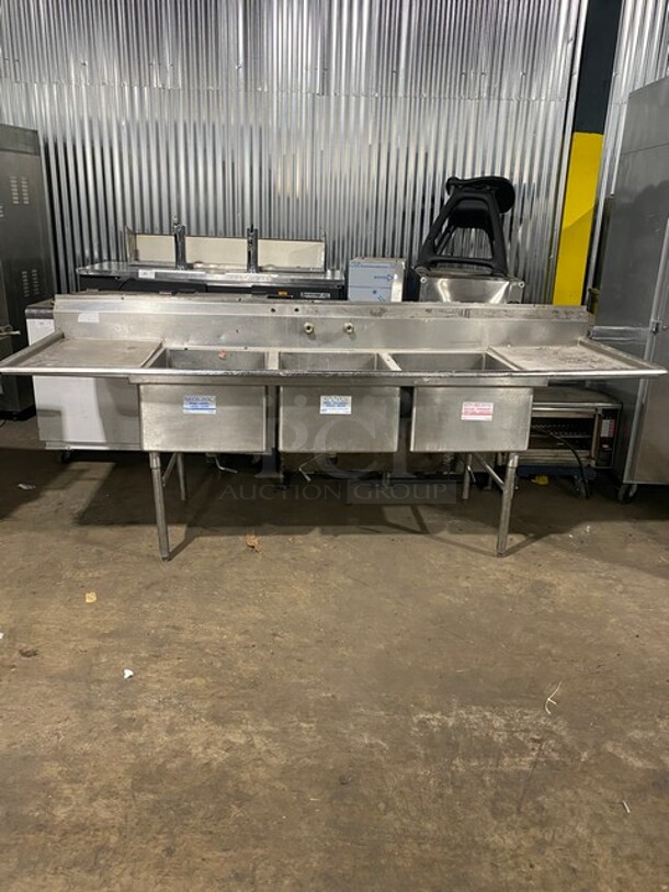 AMAZING! Duke Stainless Steel 3 Compartment Sink! With Left & Right Side Drainboards! With Backsplash! With Drain Levers! On Legs! - Image 1 of 10