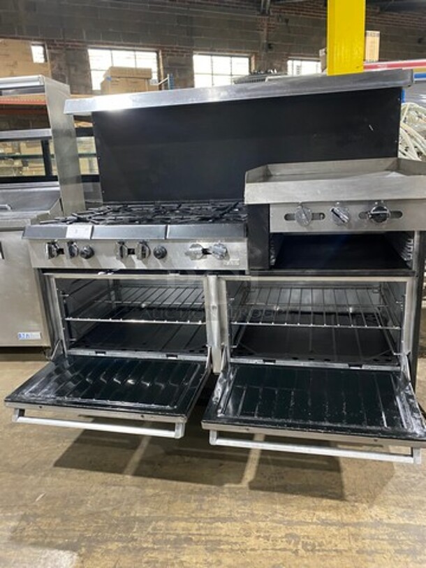 Commercial Natural Gas Powered 6 Burner Stove With Right Side Flat Griddle! Griddle Has Side Splashes! With Raised Back Splash And Salamander Shelf! With 2 Oven Underneath! Metal Oven Racks! All Stainless Steel! On Casters! - Image 5 of 11