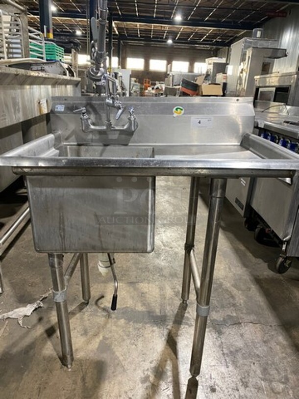 Sani Safe Commercial Single Compartment Dish Washing Sink! With Single Side Drain Board! With Jet Spray Assembly, Faucet And Handles! All Stainless Steel! On Legs! (Measurements Are With Out Jet Spray) - Image 1 of 9