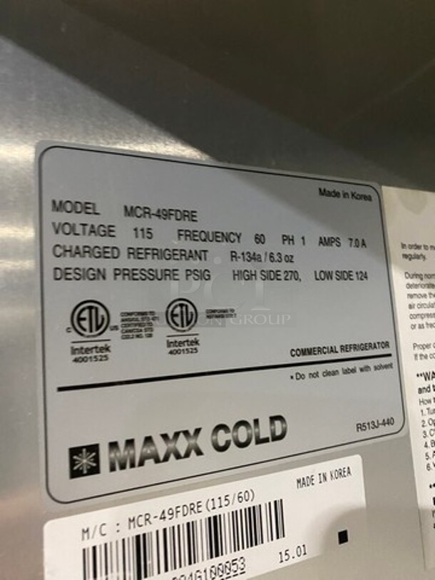 COOL! Maxx Cold Commercial 2 Door Reach In Refrigerator! With Poly Coated Racks! Solid Stainless Steel! On Casters! Model: MCR49FDRE 115V 60HZ 1 Phase - Image 8 of 10