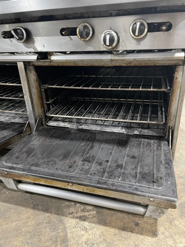 Garland Natural Gas Powered 10 Burner Stove! With Double Full Size Oven Underneath! With Raised Back Splash & Salamander Shelf! Working When Removed!  - Image 8 of 9
