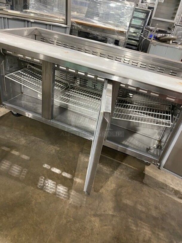Spartan Commercial Refrigerated Mega Top Sandwich Prep Table! With Commercial Cutting Board! With 3 Door Storage Space Underneath! Poly Coated Racks! All Stainless Steel! On Casters! Model: SST7230 - Image 6 of 10