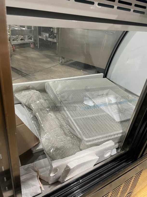 GREAT! NEW! Chef AAA Commercial Refrigerated Deli Display Case! With Curved Front Glass! With Sliding Rear Access Glass Doors! With Poly Coated Racks! Stainless Steel Body! Model: DC120HC SN: 6332315017080221 110V - Image 5 of 11