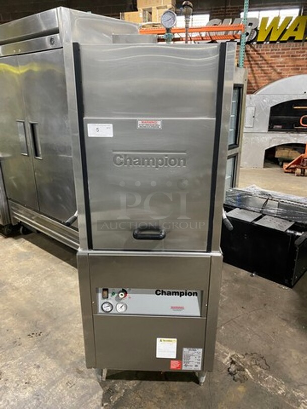 Champion Commercial Pass-Through Dishwasher Machine! All Stainless Steel! On Legs! With Right Side Dishwasher Table! With Back And One Side Splash! Model: DHBT SN: D11038937 208/240V 60HZ 3 Phase