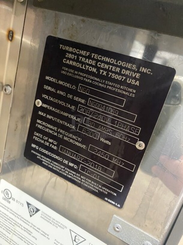 LATE MODEL! 2018 Turbo Chef Commercial Countertop Rapid Cook Oven! On Small Legs! Model: NGO SN: NGOD41069 208/240V 60HZ 1 Phase - Image 7 of 8