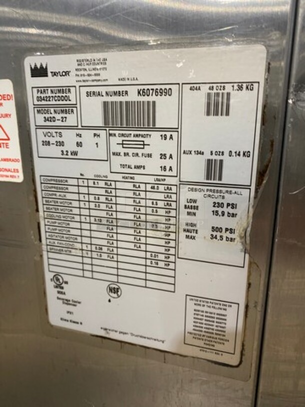 Taylor Commercial 2 Flavor Frosty/Coolatta/Slushie Making Machine! With Milkshake Mixing Attachment! All Stainless Steel! On Casters! Model: 342D27 SN: K6076990 208/230V 60HZ 1 Phase - Image 11 of 12