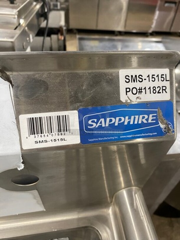 NEW! SCRATCH-N-DENT! Sapphire Single Compartment Prep Sink! With Single Side Drain Board! With Back Splash! All Stainless Steel! NO LEGS! Model: SMS1515L - Image 6 of 7