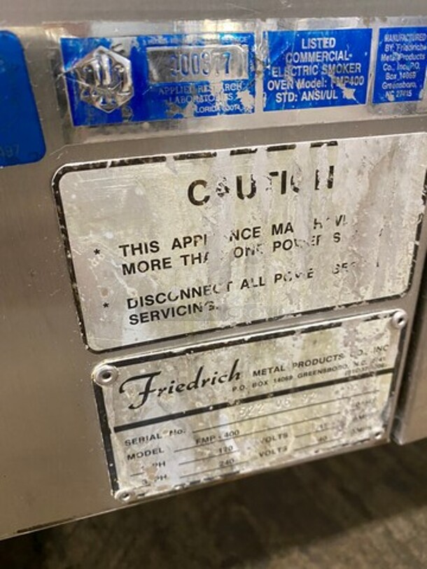 BEAUTIFUL! Friedrich Commercial Electric Powered Rotisserie/ Smoker Combo Machine! All Stainless Steel! On Casters! WORKING WHEN REMOVED! Model: FMP400 SN: 5220692 120/240V 60HZ 1/3 Phase - Image 7 of 9