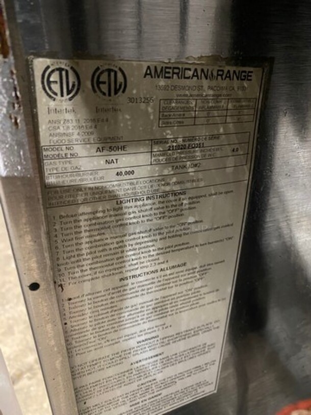 American Range Commercial Natural Gas Powered Deep Fat Fryer! With 2 Metal Frying Baskets! With Backsplash! All Stainless Steel! On Legs! Model: AF50HE SN: 211020FO351 - Image 7 of 8