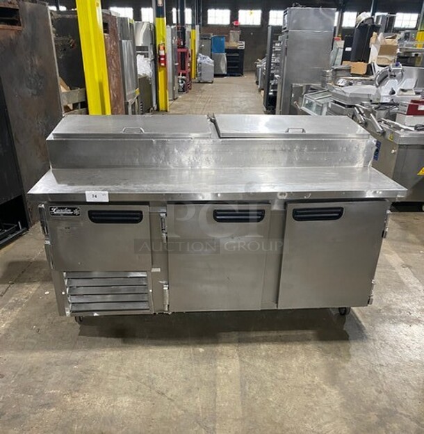 Leader Commercial Refrigerated Pizza Prep Table! With 3 Door Storage Space Underneath! All Stainless Steel! Model: ESPT72SC SN: NP08C2296 115V 60HZ 1 Phase