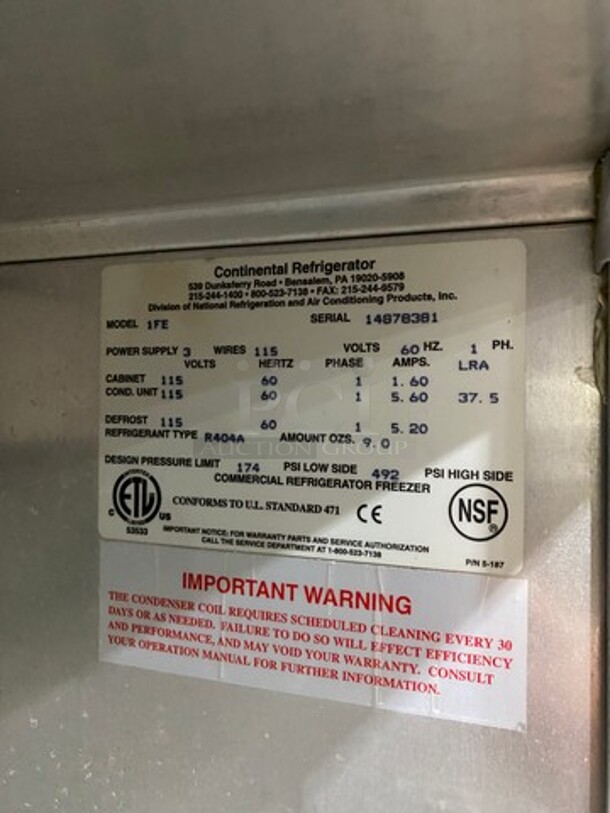 Continental Commercial Single Door Reach In Freezer! All Stainless Steel! On Casters! Model: 1FE SN: 14878381 115V 60HZ 1 Phase - Image 7 of 9
