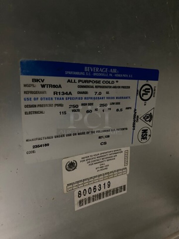 Beverage Air Commercial 2 Door Lowboy/Worktop Cooler! All Stainless Steel! On Casters! Model: WTR60A SN: 8006319 115V 60HZ 1 Phase - Image 7 of 8