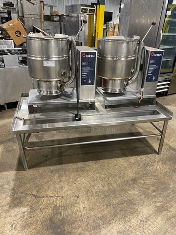 GREAT! Groen Commercial Electric Powered Tilting Soup Kettle! On Equipment Stand! All Stainless Steel! On Legs! Model: TDB40 SN: 86389 & SN: 86387 208V 60HZ 3 Phase