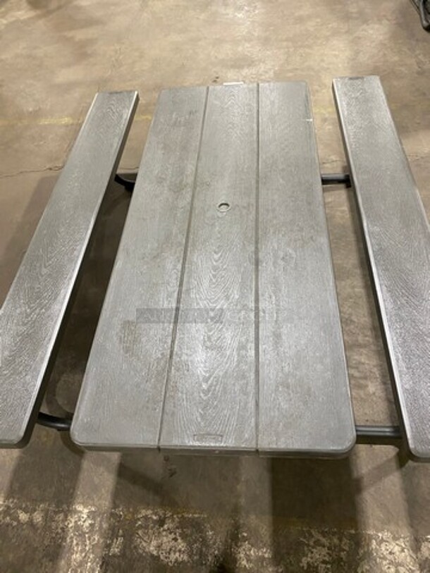 NICE! Lifetime Wooden Pattern Poly Picnic Table! With Dual Side Bench Seats! With Foldable Legs! - Image 9 of 9