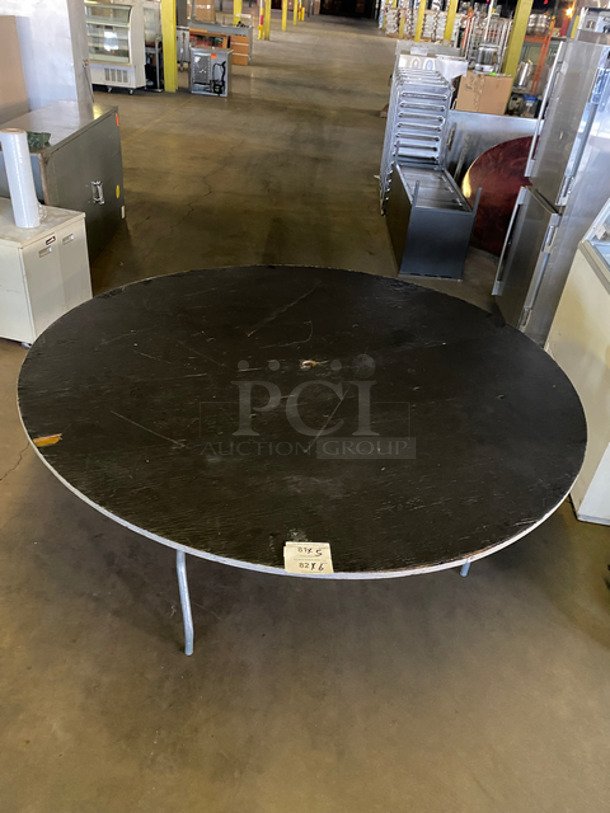Round Dark Wooden Pattern Table! With Foldable Metal Legs! 5x Your Bid!