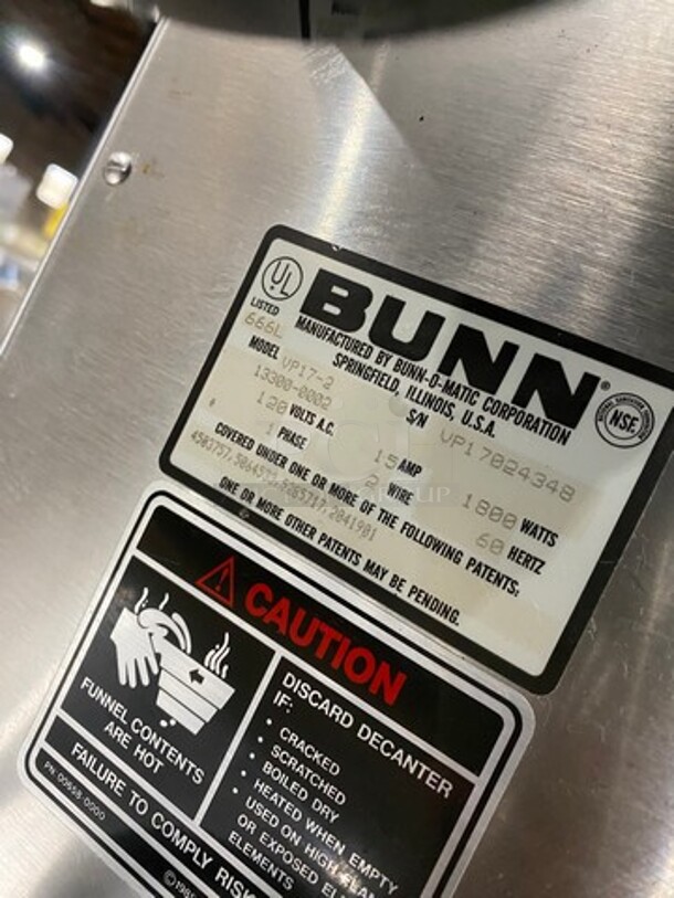 Bunn Commercial Countertop Coffee Maker! With 2 Coffee Pot Warmers! All Stainless Steel! Model: VP172 SN: VP17024348 120V 60HZ 1 Phase - Image 7 of 8