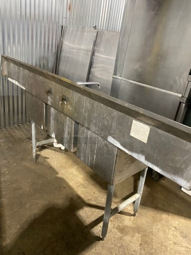 WOW ! SSP All Stainless Steel HEAVY GAGE Commercial 3 Compartment Dish Washing Sink! With Dual Side Drain Board! With Faucet And Handles! With Back Splash! All Stainless Steel! On Legs! - Image 7 of 12
