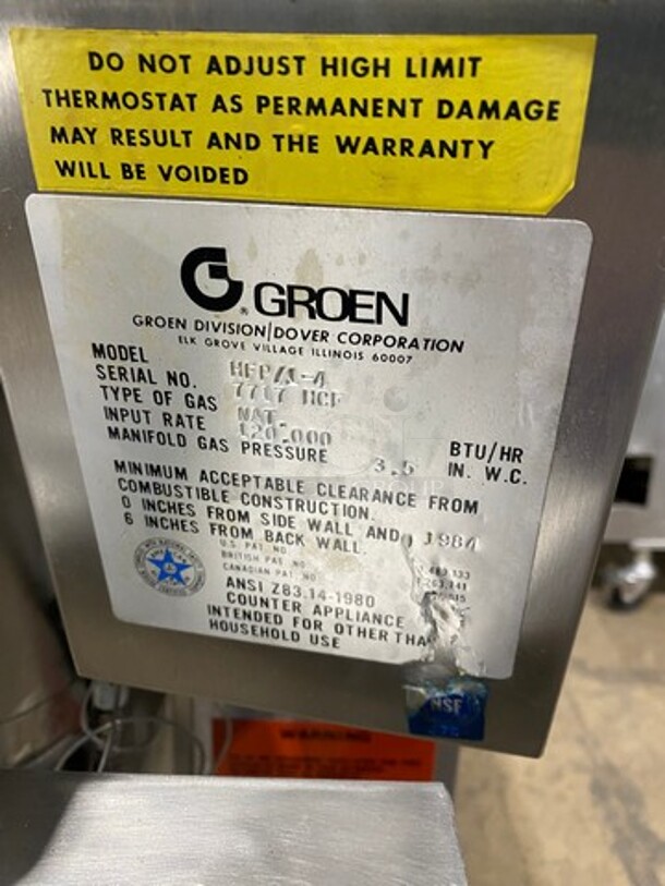 Groen Commercial Natural Gas Powered Skillet/Braising Pan! All Stainless Steel! On Legs! Model: HFP14 SN: 7717HCF - Image 7 of 9