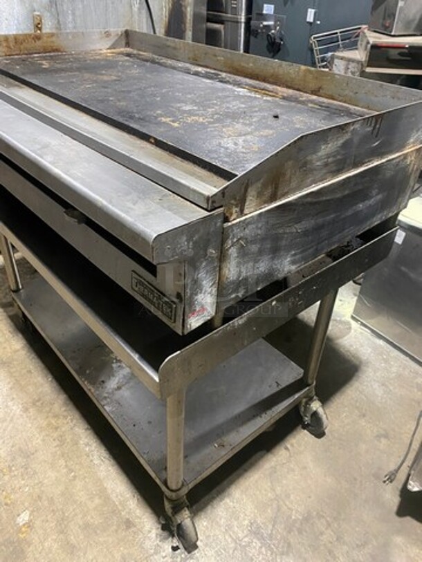 Therma Tek Commercial Natural Gas Powered Flat Griddle! With Back & Side Splashes! On Regency Commercial Equipment Stand! With Underneath Storage Space! All Stainless Steel! On Casters! WORKING WHEN REMOVED! - Image 2 of 11