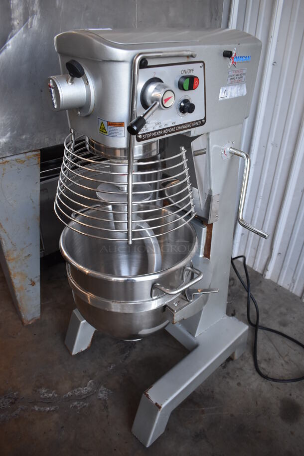 2018 Omcan SP300AT Metal Commercial Floor Style 30 Quart Planetary Dough Mixer w/ Stainless Steel Mixing Bowl, Bowl Guard and Dough Hook Attachment. 110 Volts, 1 Phase. 21x22x46. Tested and Working!