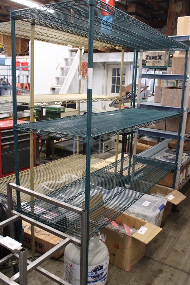 Green Finish 3 Tier Metro Style Shelving Unit. BUYER MUST DISMANTLE. PCI CANNOT DISMANTLE FOR SHIPPING. PLEASE CONSIDER FREIGHT CHARGES. 72x24x73