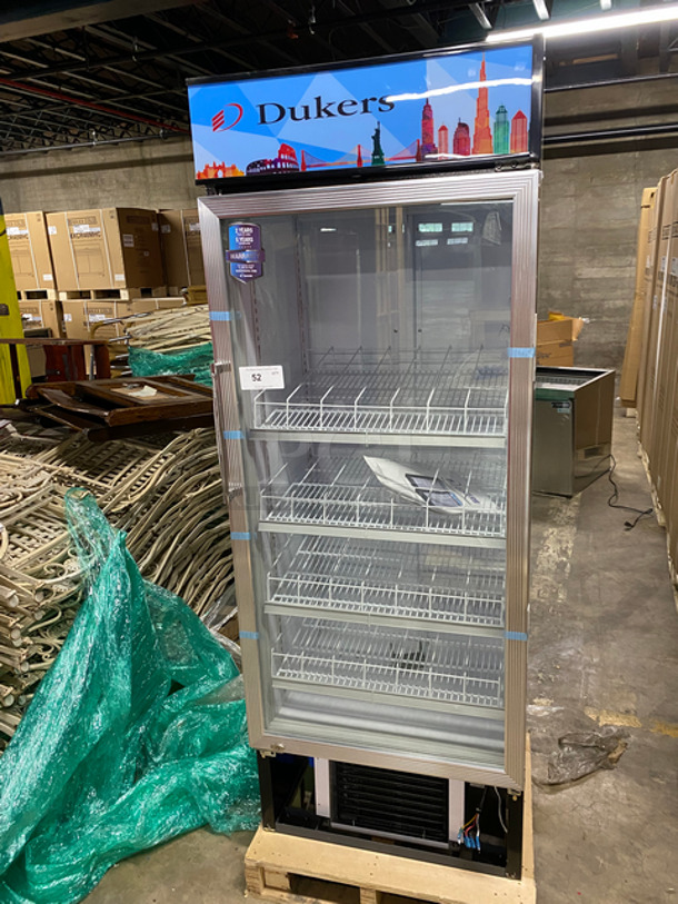 SCRATCH & DENT! Dukers Commercial Single Door Reach In Refrigerator Merchandiser! With View Through Door! With Poly Coated Drink Racks! Powers On, Doesn't Go Down To Temp! Model: DSM15R 115V 60HZ 1 Phase