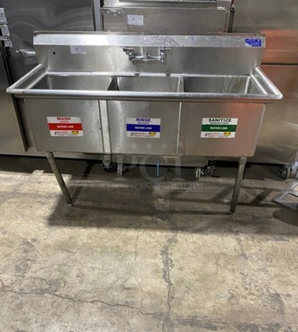 L & J Commercial 3 Compartment Dish Washing Sink! With Back Splash! All Stainless Steel! On Legs! - Image 1 of 9